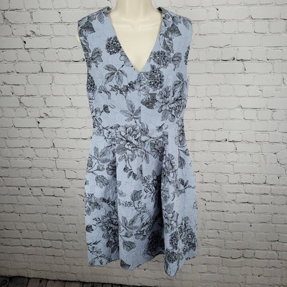 Lela Rose Blue Floral Sleeveless Front Zip Pockets Lined A Line Dress USA 6